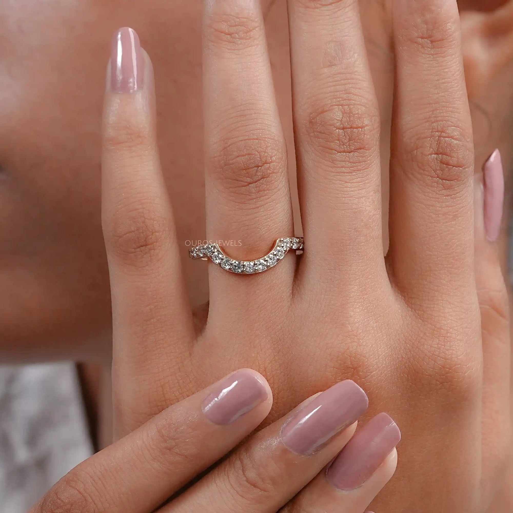 Pave Set Round Cut Diamond Deep Curved Wedding Band Rings