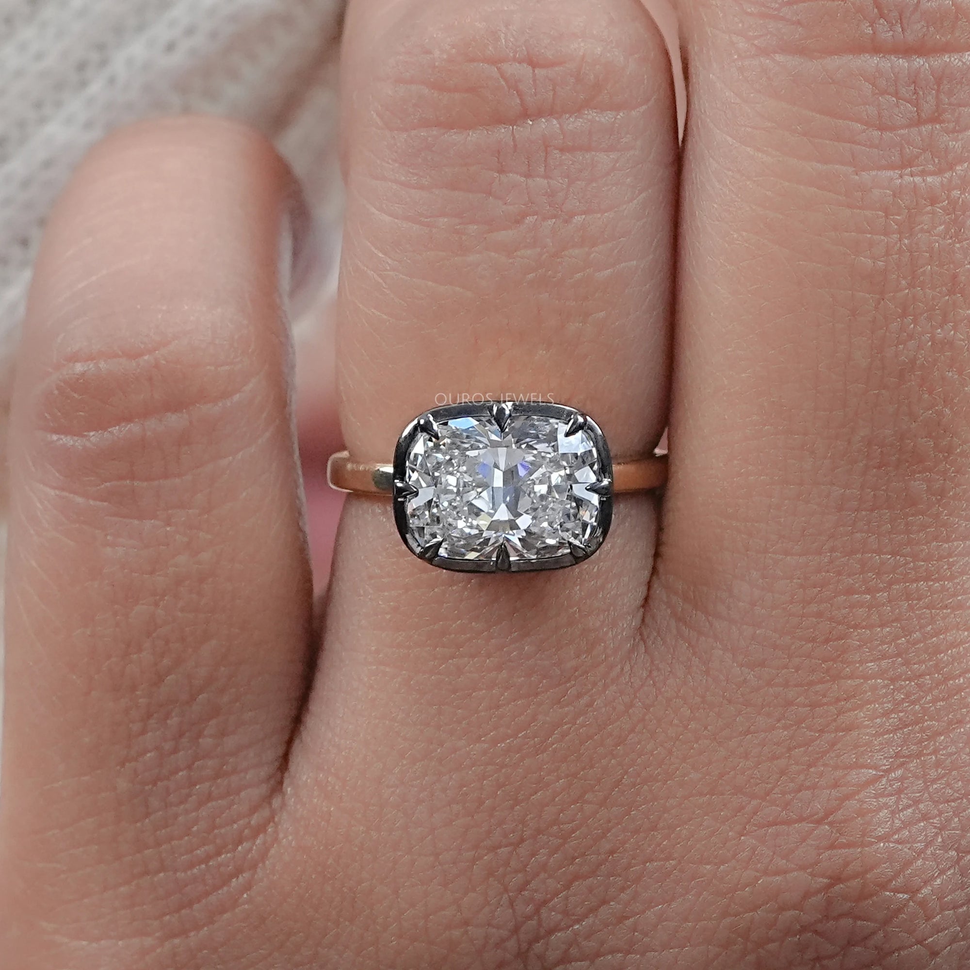 East West Cushion Diamond Black Coating Solitaire Ring