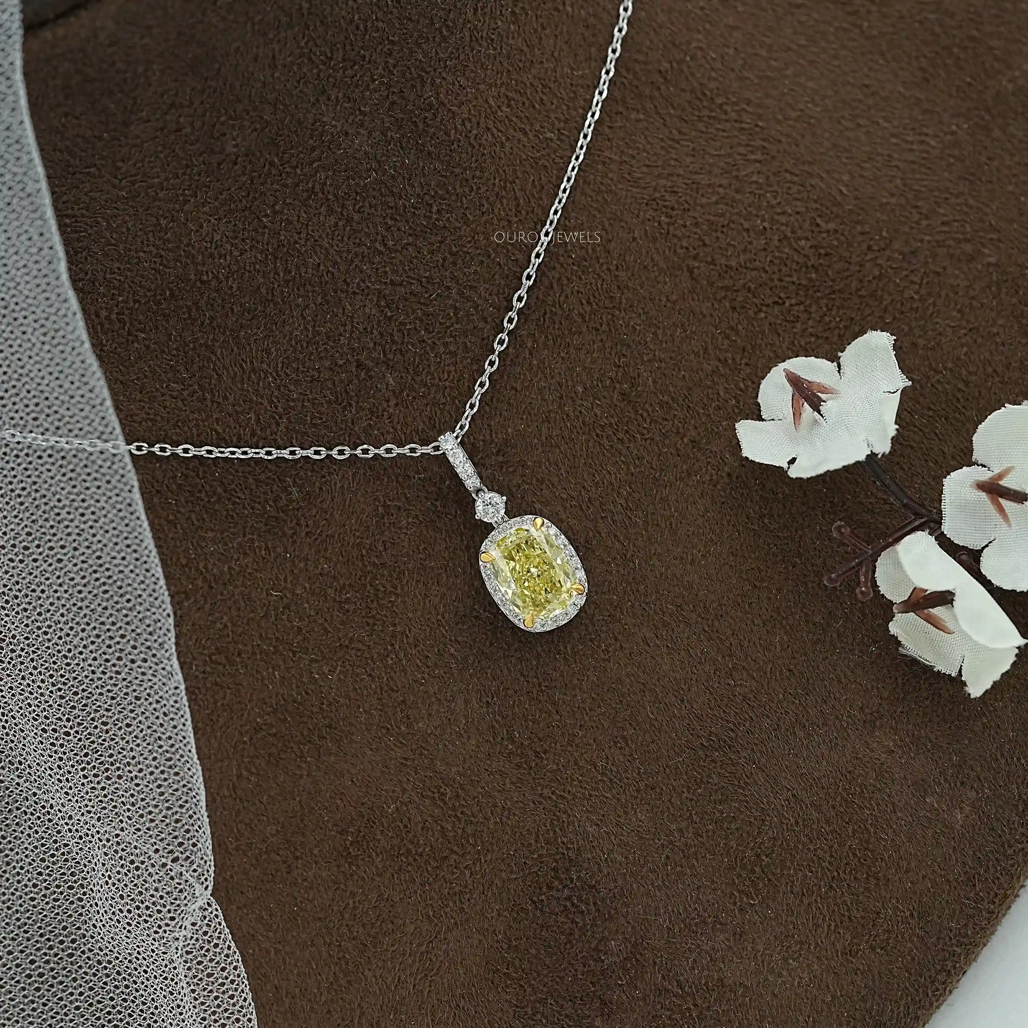 Fancy Intense Yellow Cushion Diamond Halo Pendant Necklaces