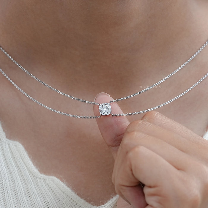Cushion Cut Lab Diamond Solitaire Pendant With 2 Layer Chain Necklace 