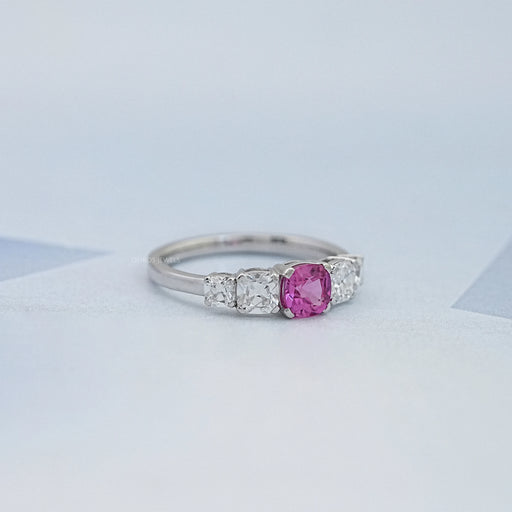 right side view of pink square cushion cut lab diamond five stone engagement ring
