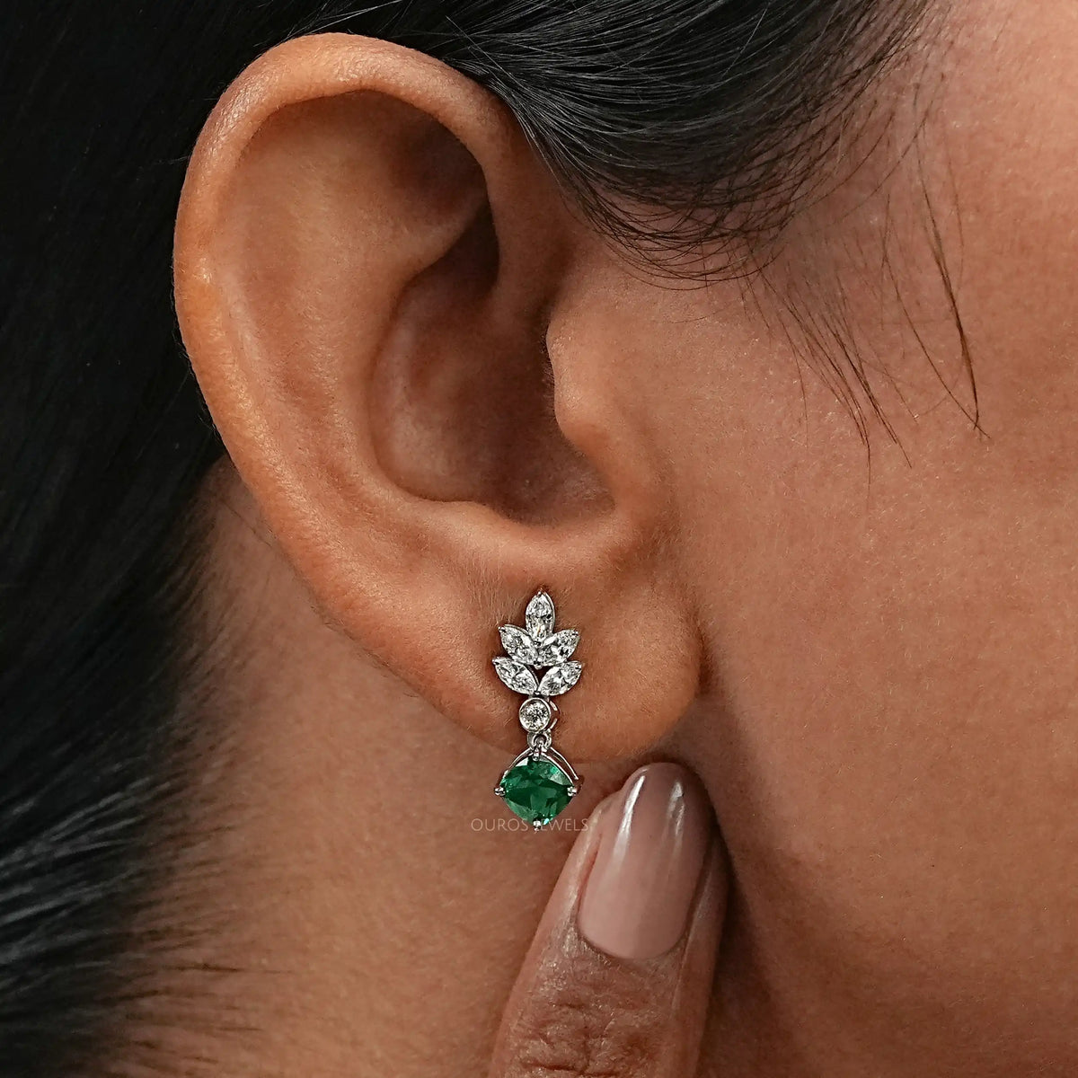 Green Gemstone Cushion And Marquise Drop Earrings Earring