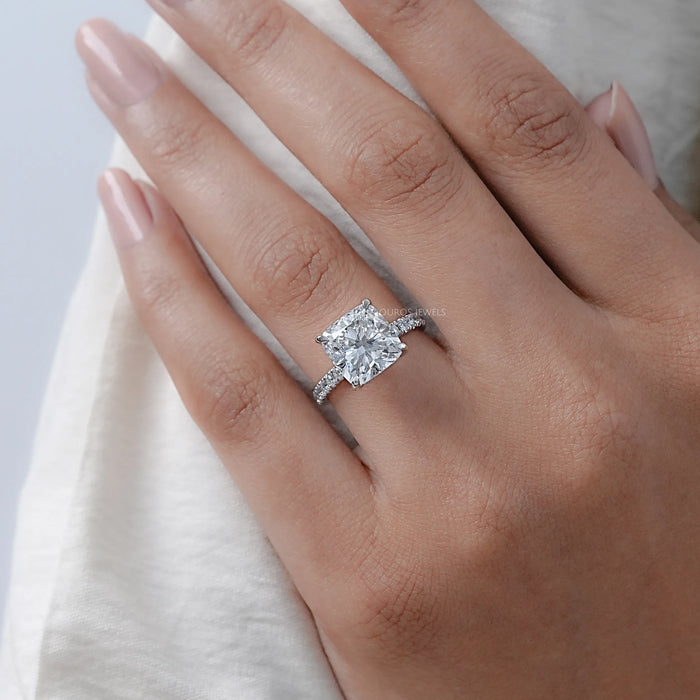 4 Ct Cushion Cut Lab Diamond Ring With Hidden Halo
