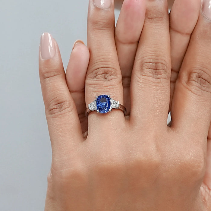Cushion Cut Sapphire and Trapezoid Lab Diamond Ring