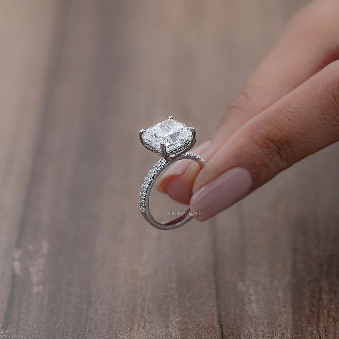 4 Ct Cushion Cut Lab Diamond Ring With Hidden Halo