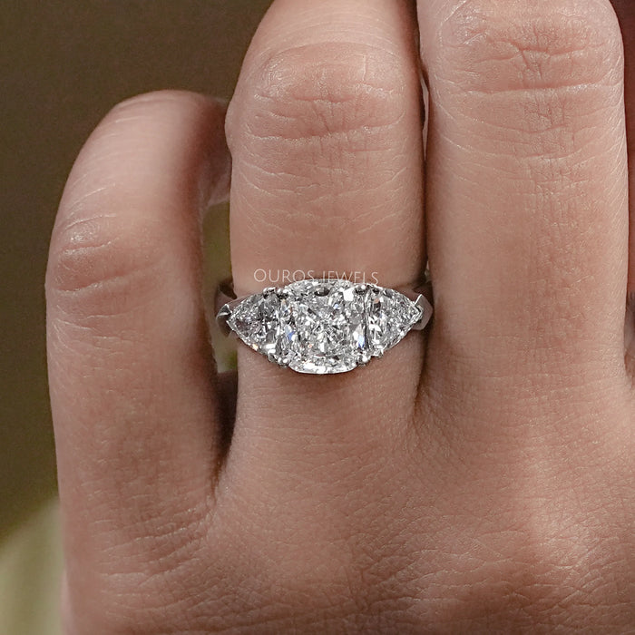 Cushion Cut Lab Diamond  Three Stone Engagement Ring