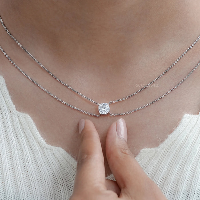 Cushion Cut Lab Diamond Solitaire Pendant With 2 Layer Chain Necklace 