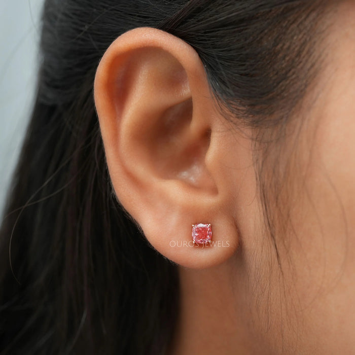 Fancy Pink Cushion Cut Diamond Stud Earrings