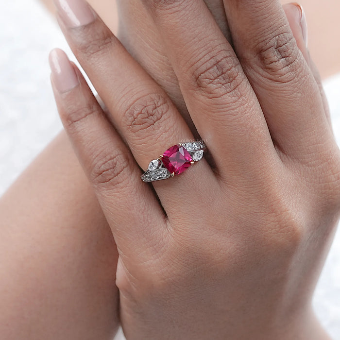 Ruby Cushion Gemstone And Lab Diamond Split Shank Ring