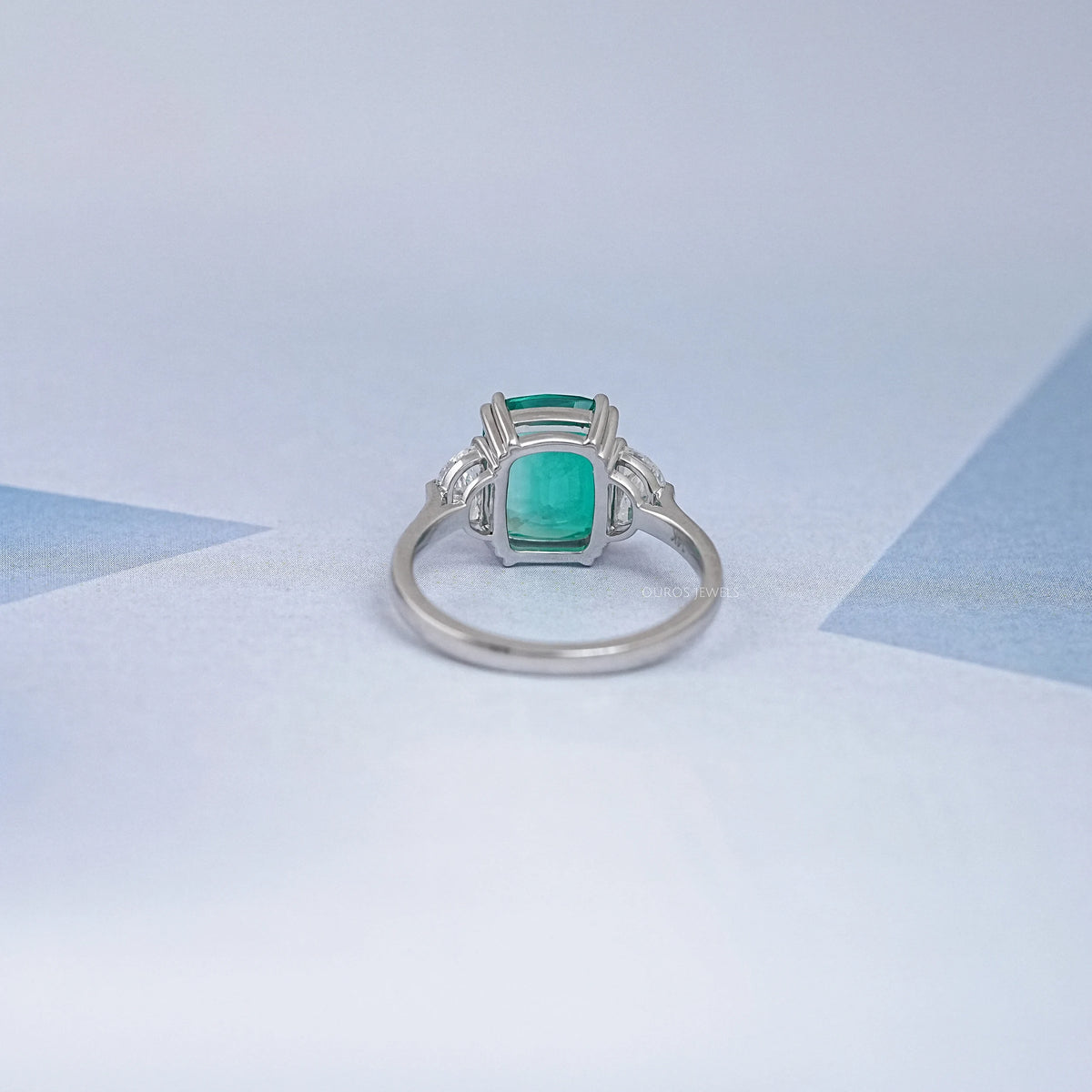 Green Cushion And Half Moon Trio Engagement Ring Rings