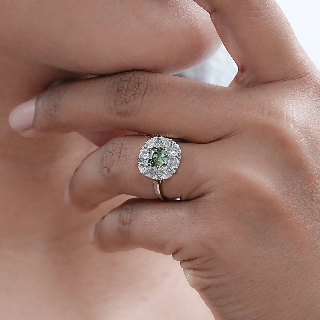 Green Cushion Diamond Halo Engagement Ring