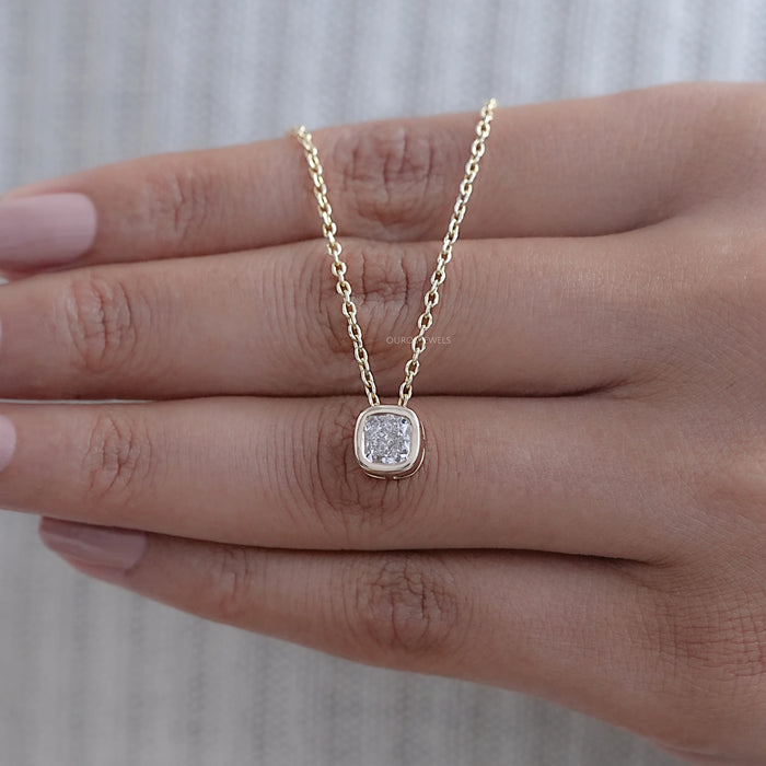 Cushion Cut Diamond Pendant Necklace in Bezel Setting 