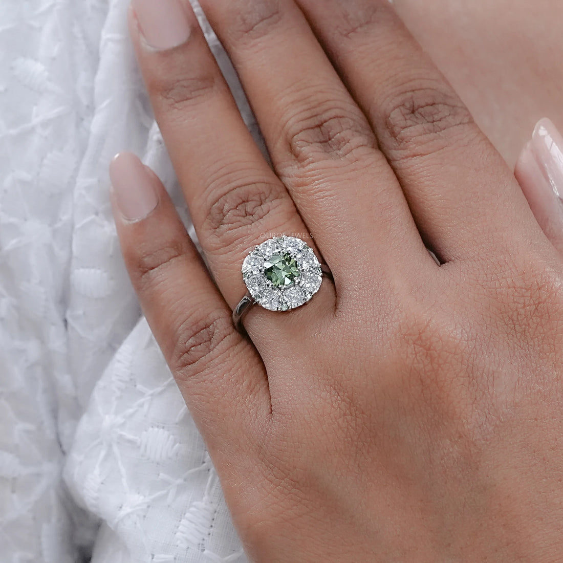 Green Cushion Diamond Halo Engagement Ring