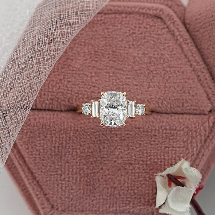 Elongated Cushion And Baguette Diamond Five Stone Engagement Ring