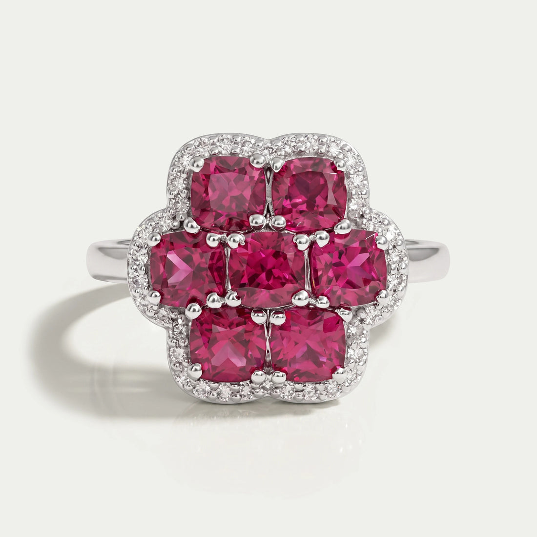 Red Ruby Cushion Shape Floral Halo Engagement Ring Ring