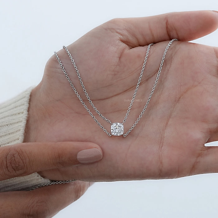 Cushion Cut Lab Diamond Solitaire Pendant With 2 Layer Chain Necklace 