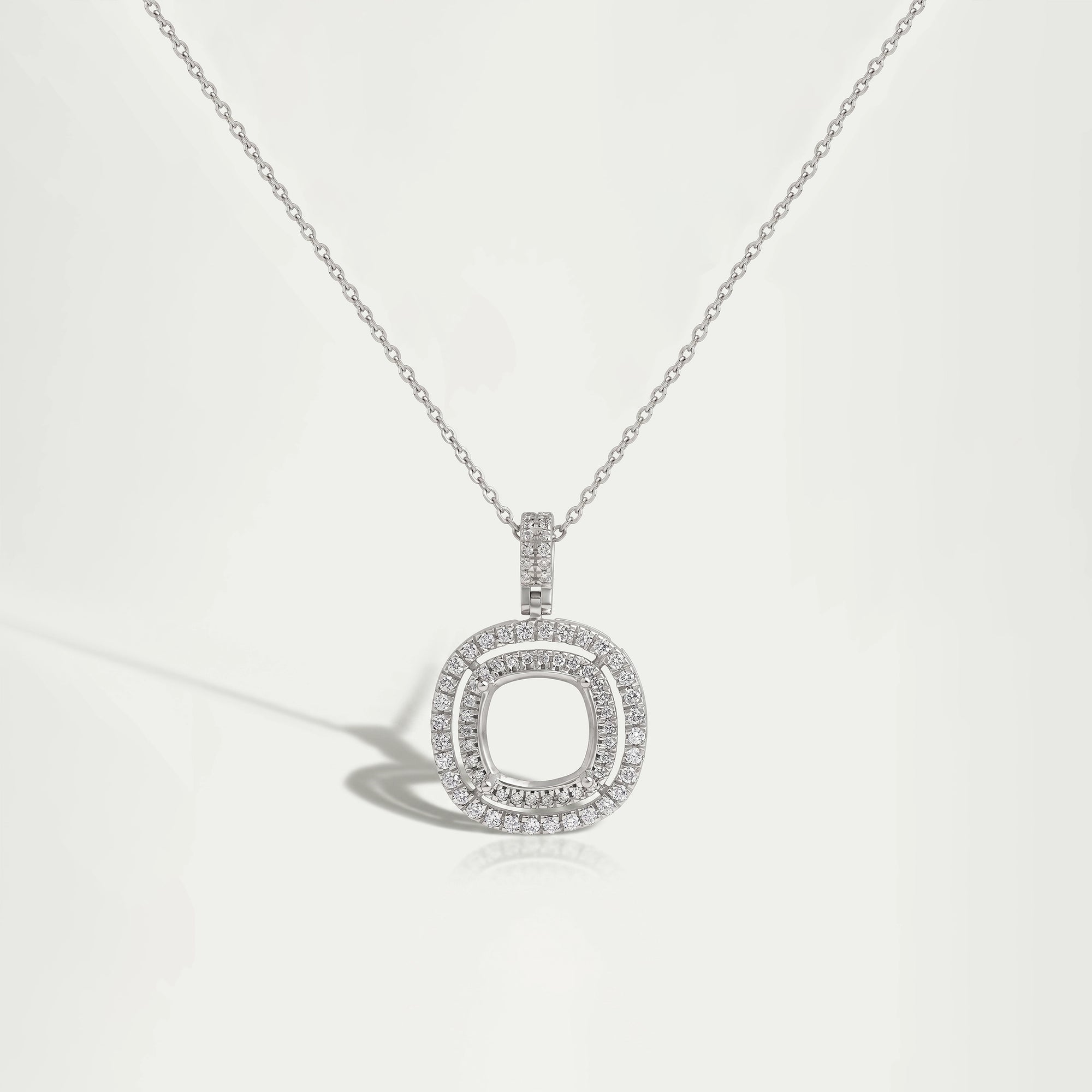 Cushion Shape Double Halo Semi Mount Pendant Necklaces