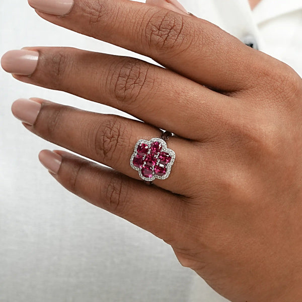 Ruby Cushion Cut Gemstone Flower Halo Engagement Ring