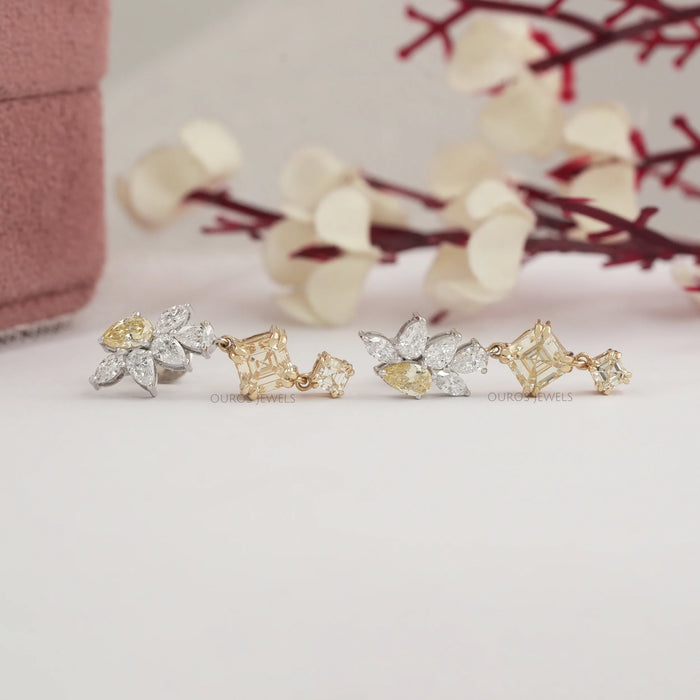 Yellow Asscher And Pear Lab Diamond Drop Earrings