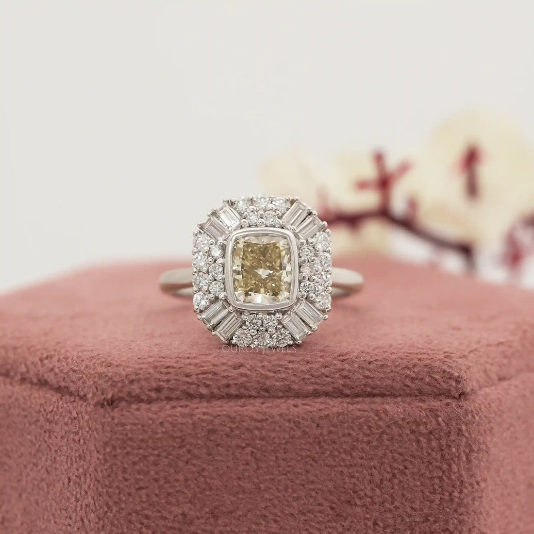 Yellow Cushion Cut Lab Diamond Bezel Set Cluster Ring Ring