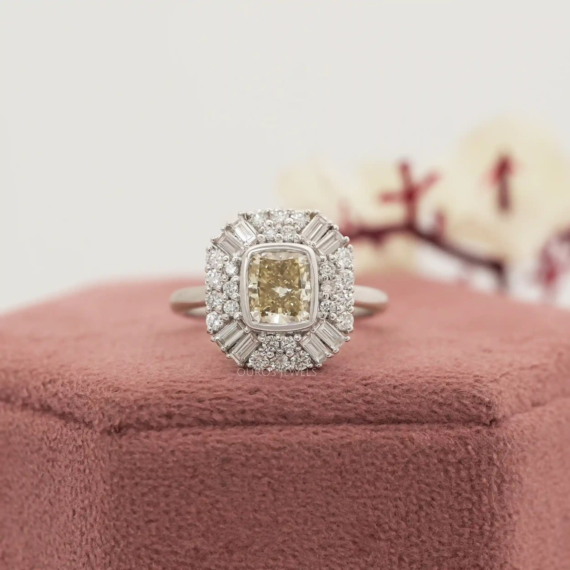 Yellow Cushion Cut Lab Diamond Bezel Set Cluster Ring Ring