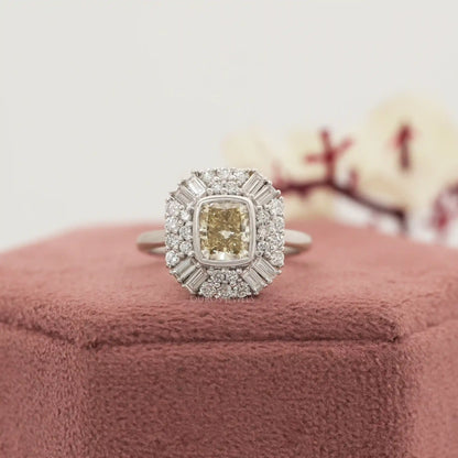 Yellow Cushion Cut Lab Diamond Bezel Set Cluster Ring Ring