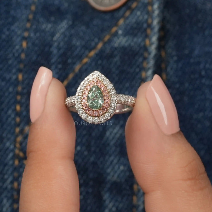 Fancy Vivid Green Pear Cut Lab Diamond Halo Ring