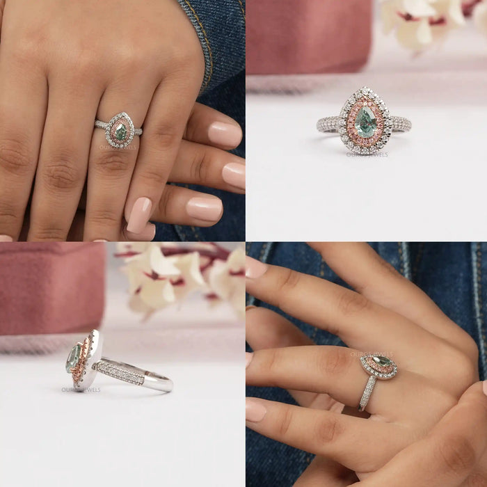 Fancy Vivid Green Pear Cut Lab Diamond Halo Ring
