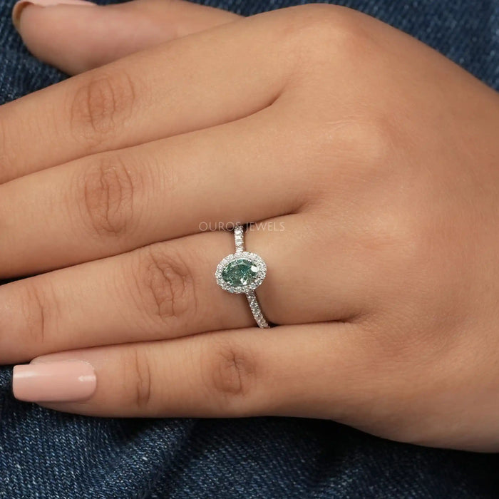 Fancy Vivid Green Oval Cut Lab Diamond Halo Accent Ring