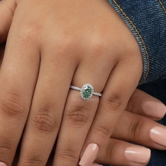 Fancy Vivid Green Oval Cut Lab Diamond Halo Accent Ring