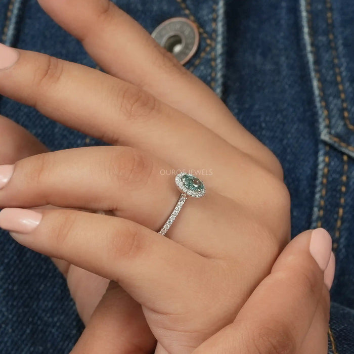 Fancy Vivid Green Oval Cut Lab Diamond Halo Accent Ring