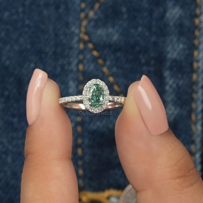 Fancy Vivid Green Oval Cut Lab Diamond Halo Accent Ring