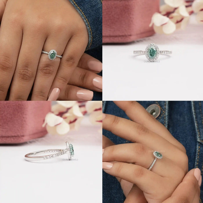 Fancy Vivid Green Oval Cut Lab Diamond Halo Accent Ring