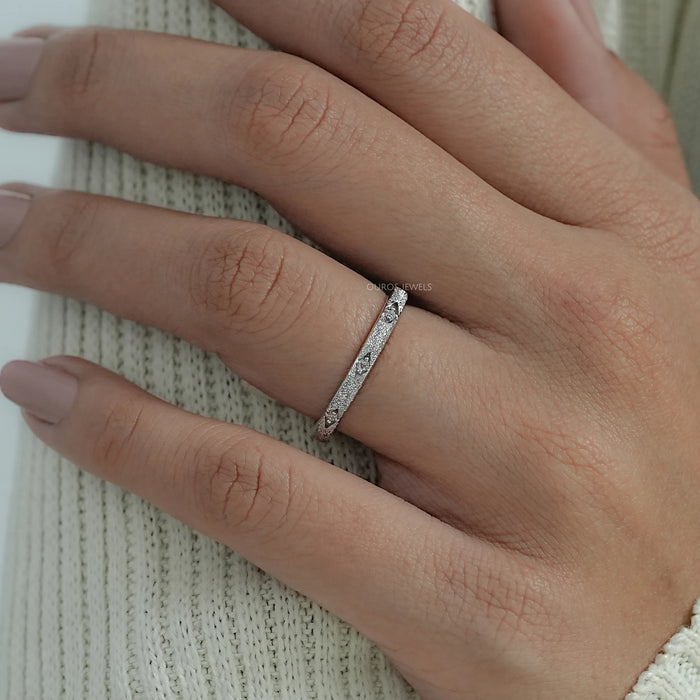Textured Finish Dainty Diamond Wedding Band