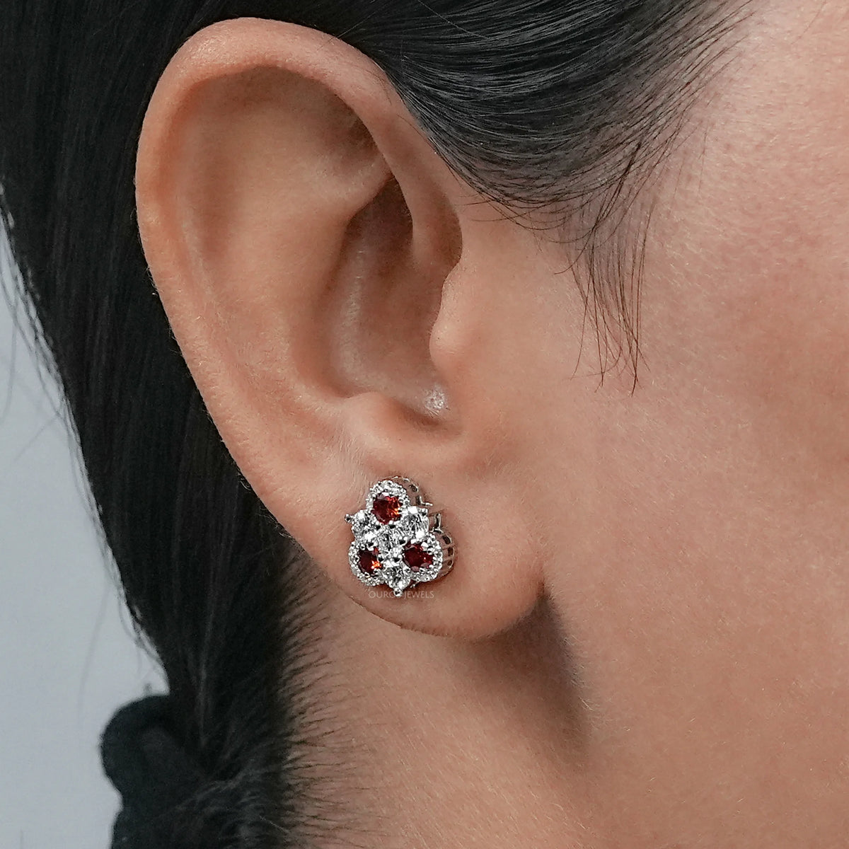 Red Ruby Three Stone Stud Earring