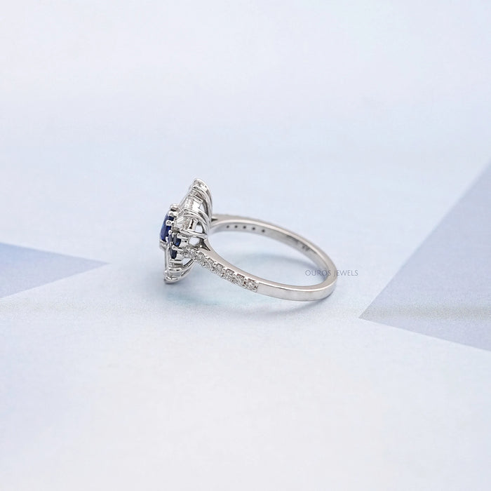 Tapered Baguette With Blue Round Gemstone Cluster Ring 