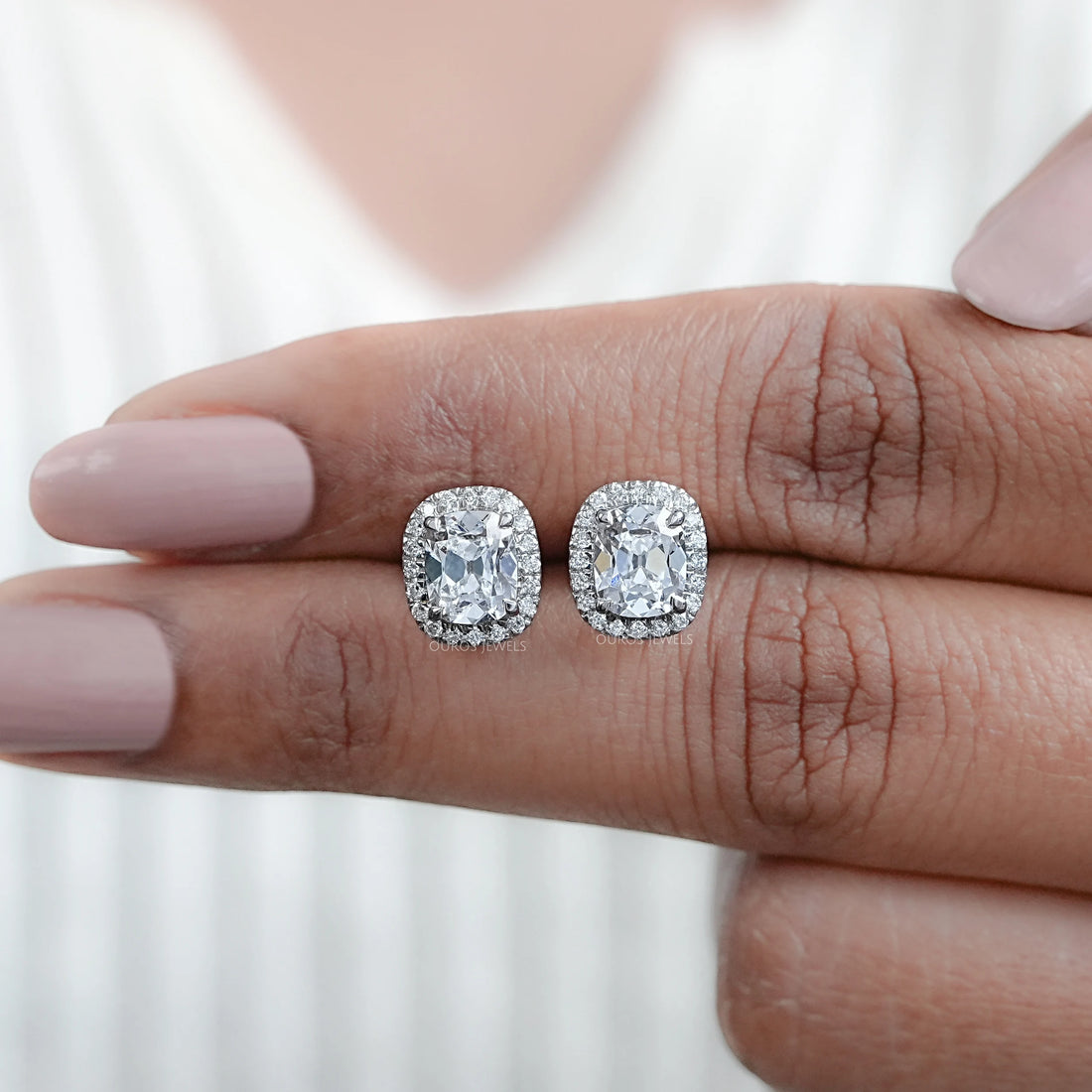 Old Mine Cushion Cut Halo Stud Earrings Earrings