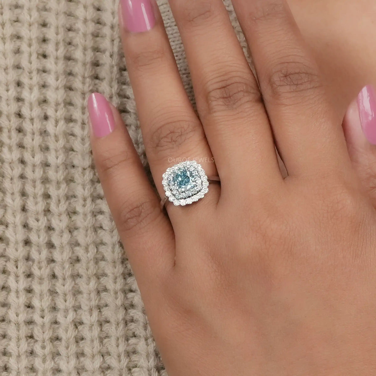 Fancy Blue Cushion Cut Double Halo Lab Diamond Ring Rings