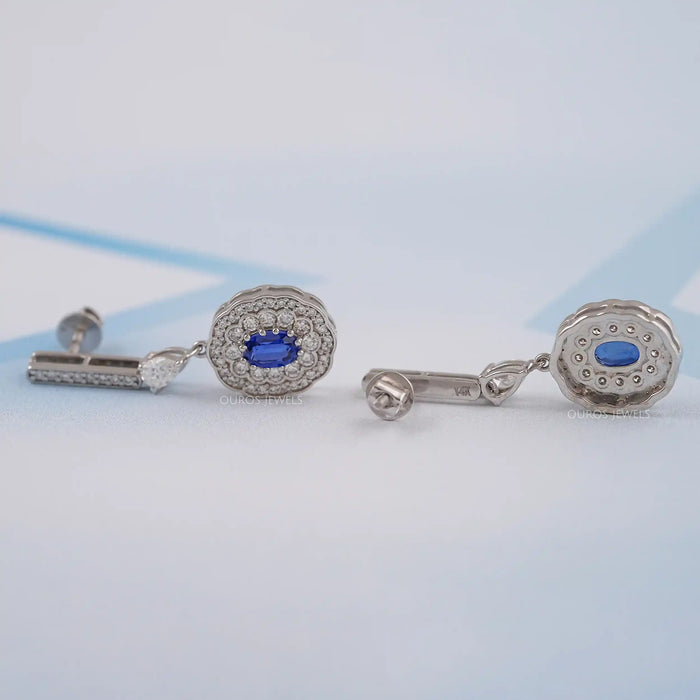 Oval Sapphire and Diamond Double Halo Earrings