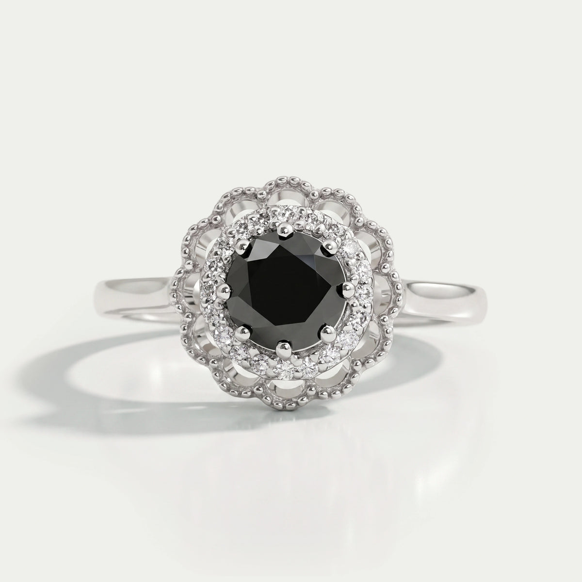 Double Halo Round Shape Black Diamond Engagement Ring Rings