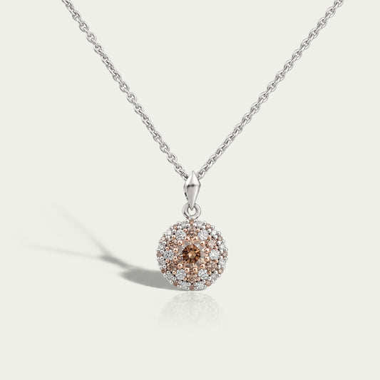 Double Halo Round Shape Champagne Diamond Pendant Necklaces
