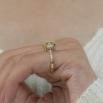 Fancy Vivid Yellow Oval Cut Hidden Halo Three Stone Ring Ring