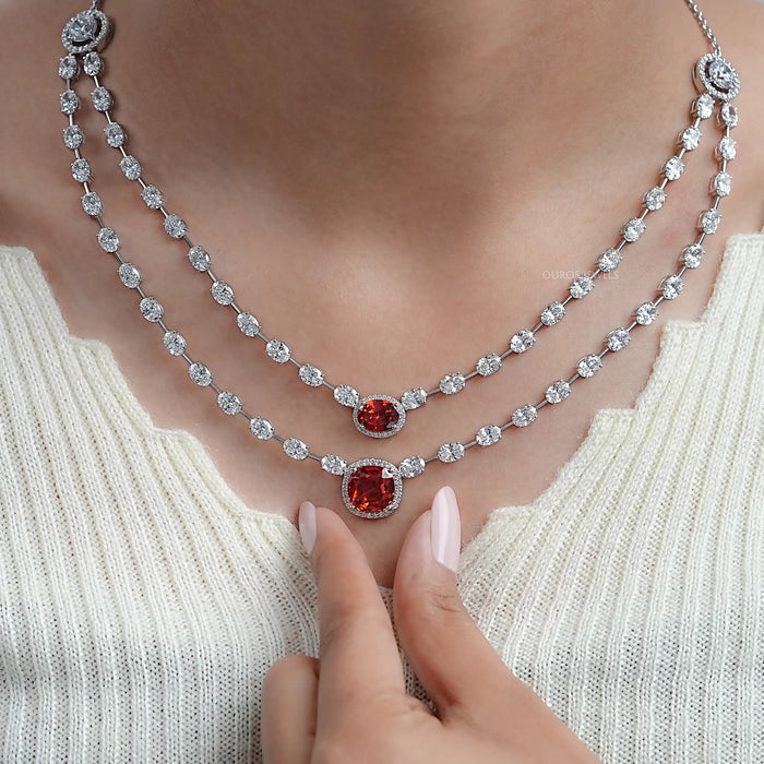 Double Layer Bridal Necklace with Cushion Cut Ruby and Lab Diamond Halo