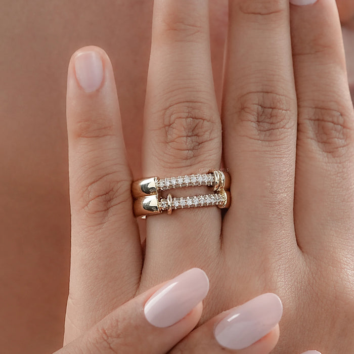 Double Row Connector Round Cut Lab Diamond Wedding Ring 