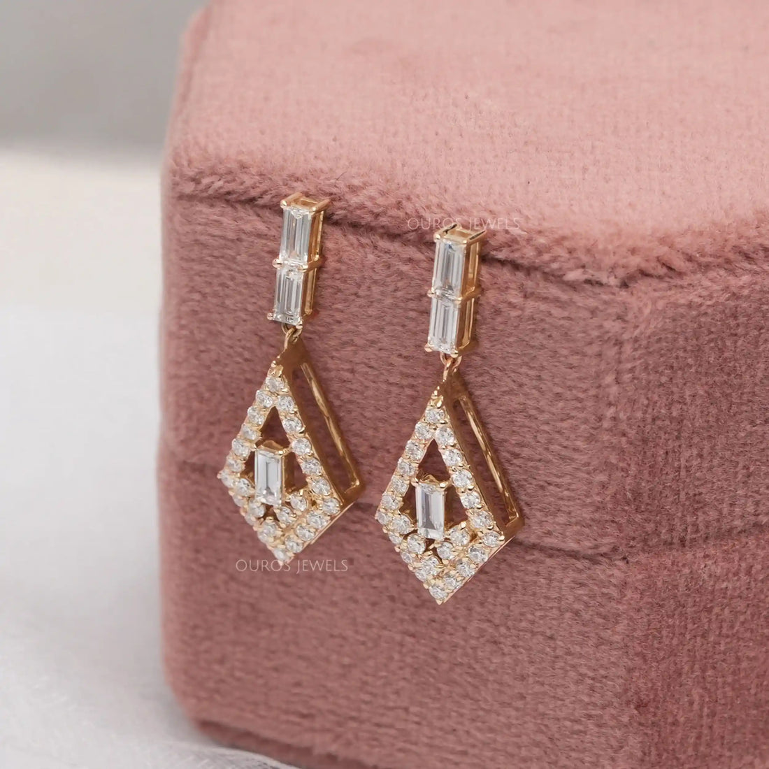 Baguette Cut & Round Halo Lab Grown Diamond Drop Earrings