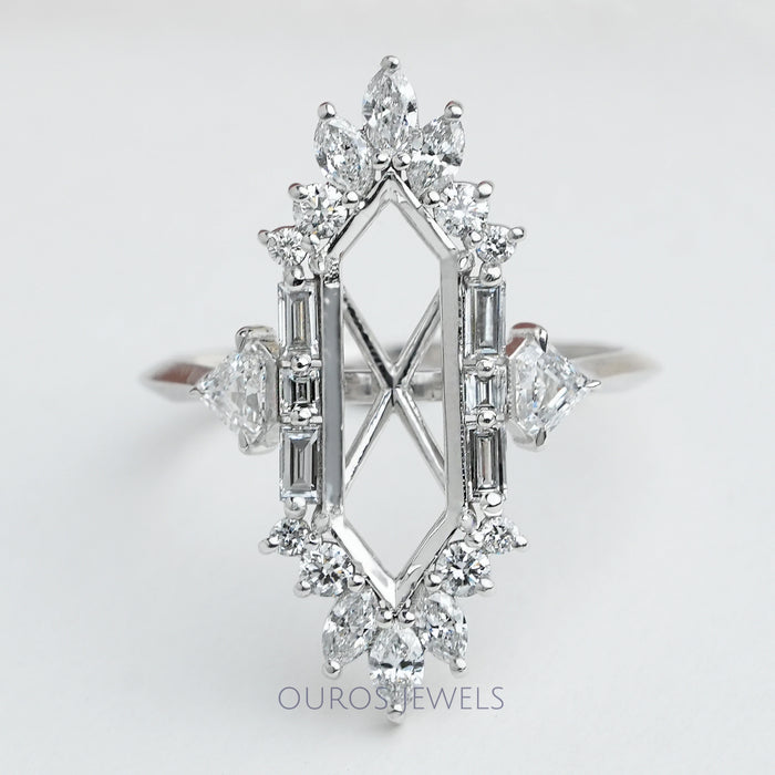 front view of dutch marquise cut semi mount halo cluster wedding ring