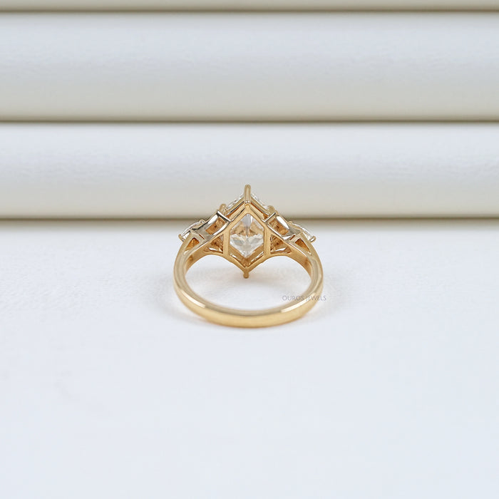 back view of dutch marquise cut lab diamond three stone engagement ring