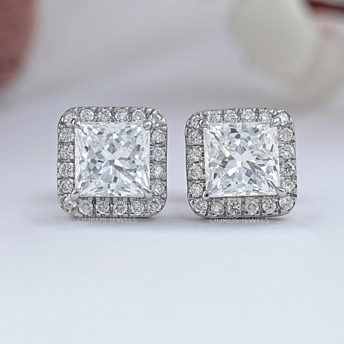 Princess Diamond Halo Stud Earrings