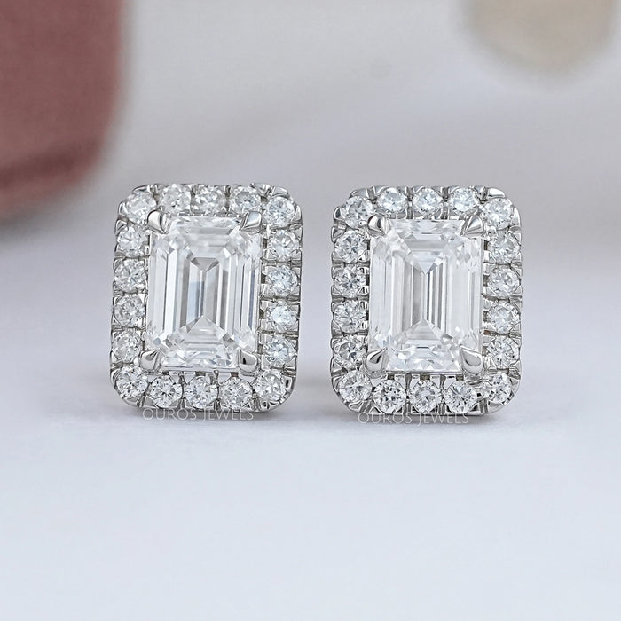 Emerald Lab Diamond Halo Stud Earrings 