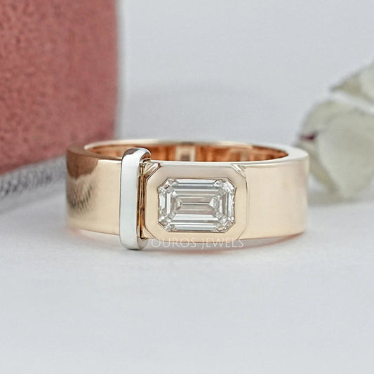 East West Emerald Diamond Bezel Set Men's Band Ring